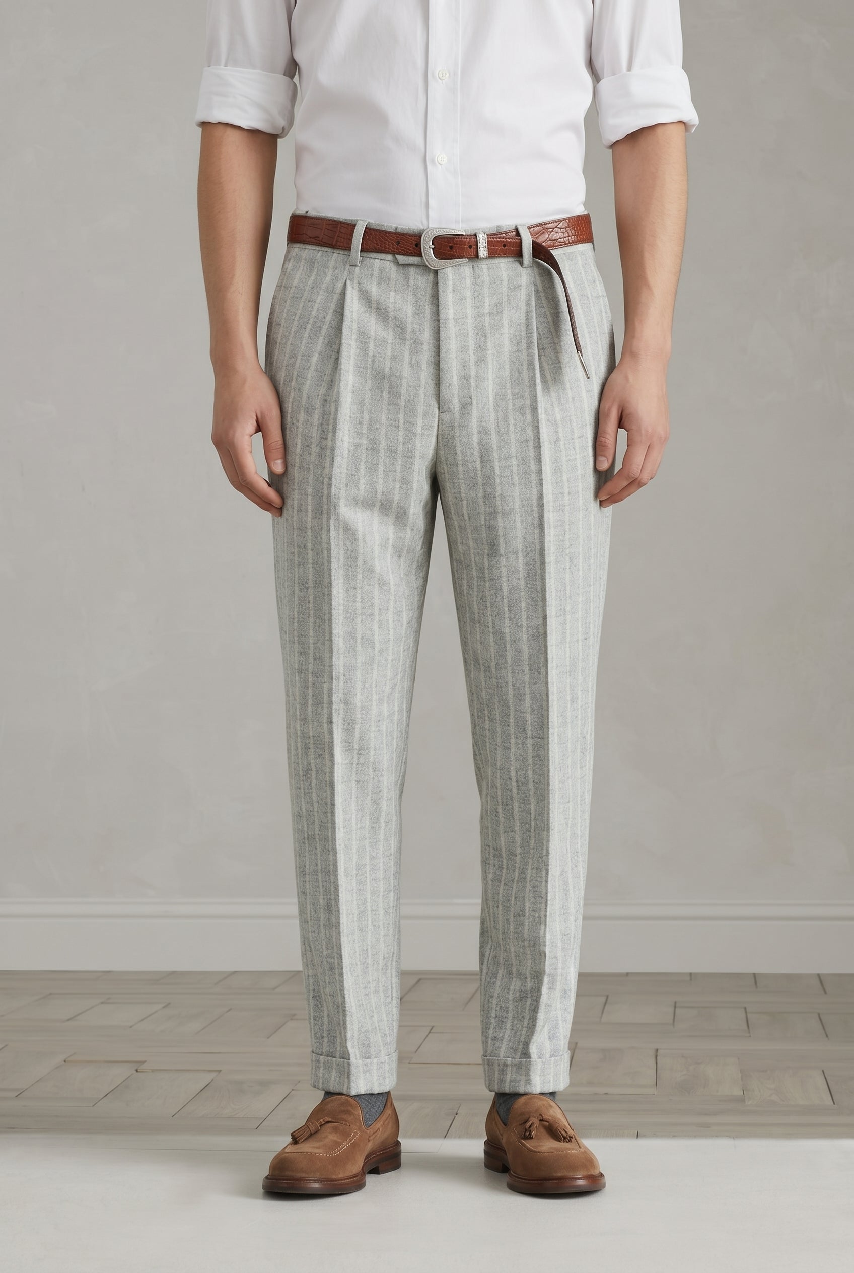 BRUNELLO CUCINELLI MEN'S LIGHT GREY WOOL BLEND TROUSERS