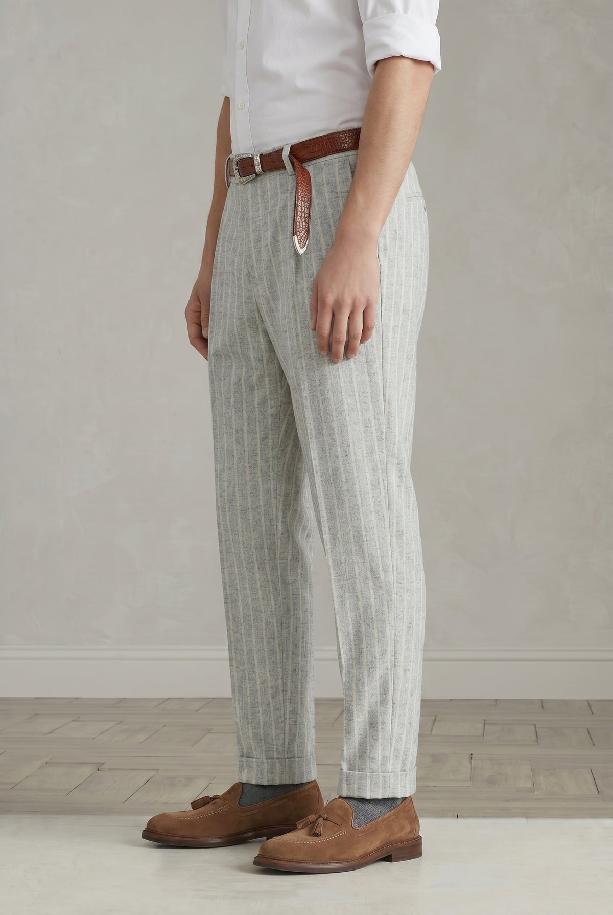 BRUNELLO CUCINELLI MEN'S LIGHT GREY WOOL BLEND TROUSERS