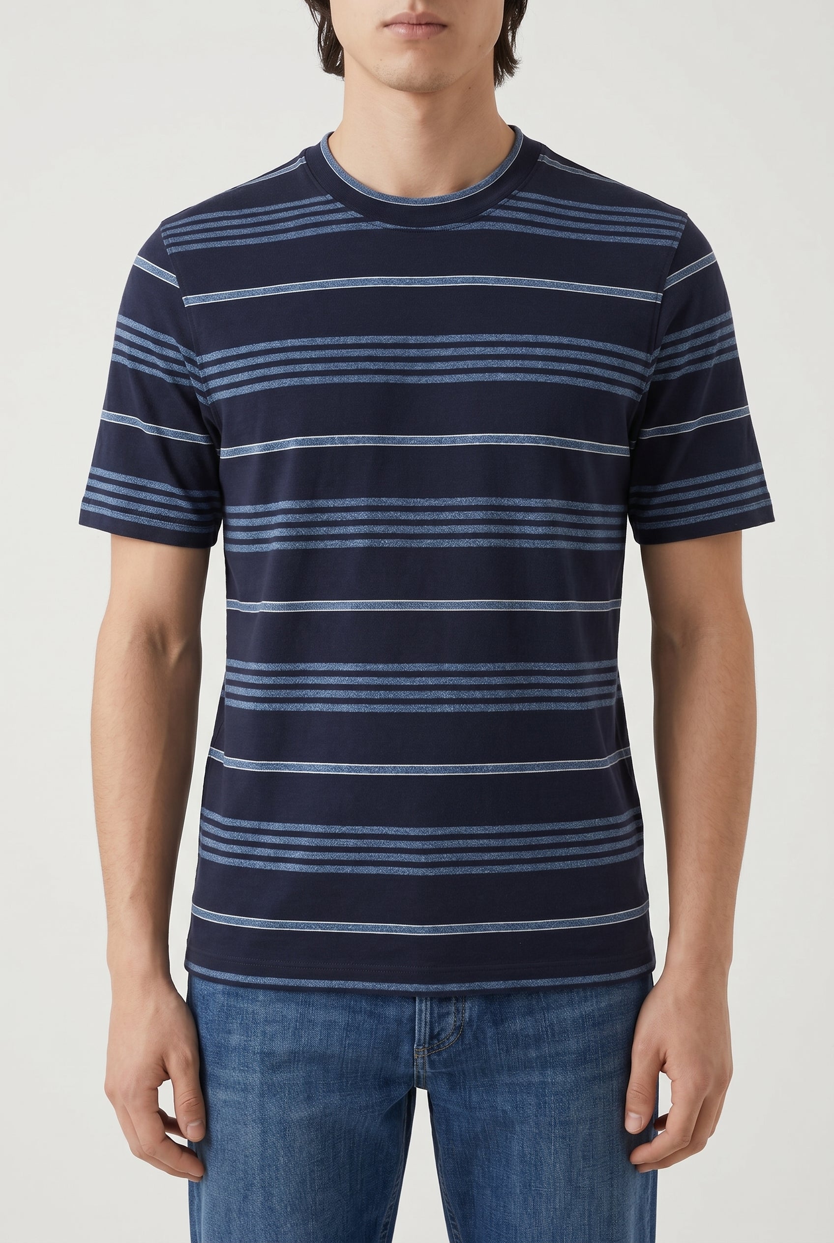 BRUNELLO CUCINELLI MEN'S NAVY STRIPED COTTON SHIRT