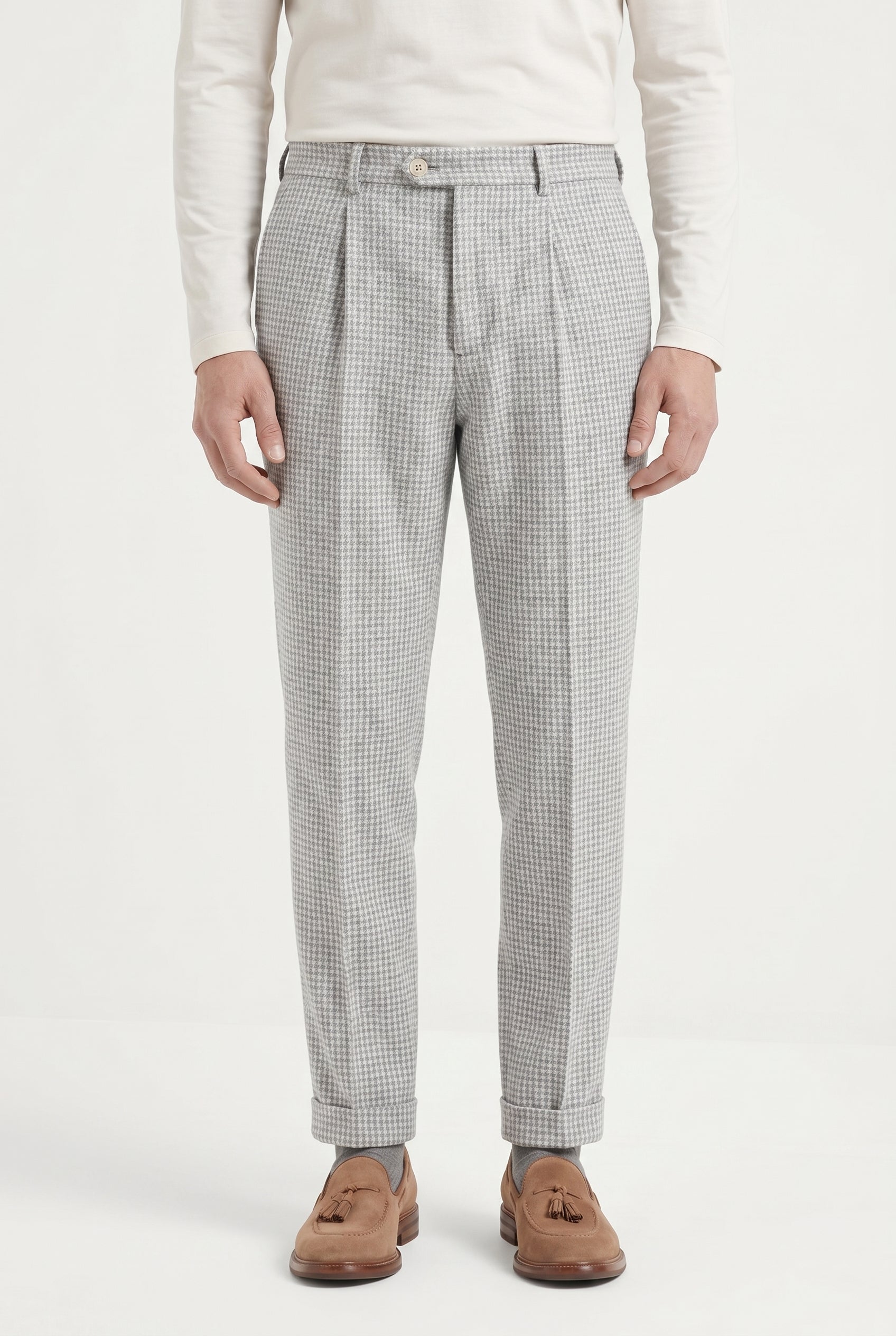 BRUNELLO CUCINELLI MEN'S LIGHT GREY WOOL BLEND TROUSERS