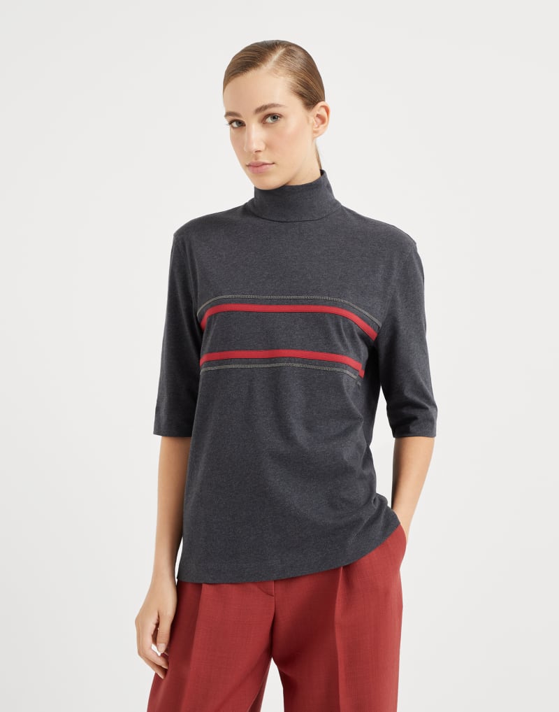 BRUNELLO CUCINELLI WOMEN'S CHARCOAL STRIPED MOCK NECK SHIRT