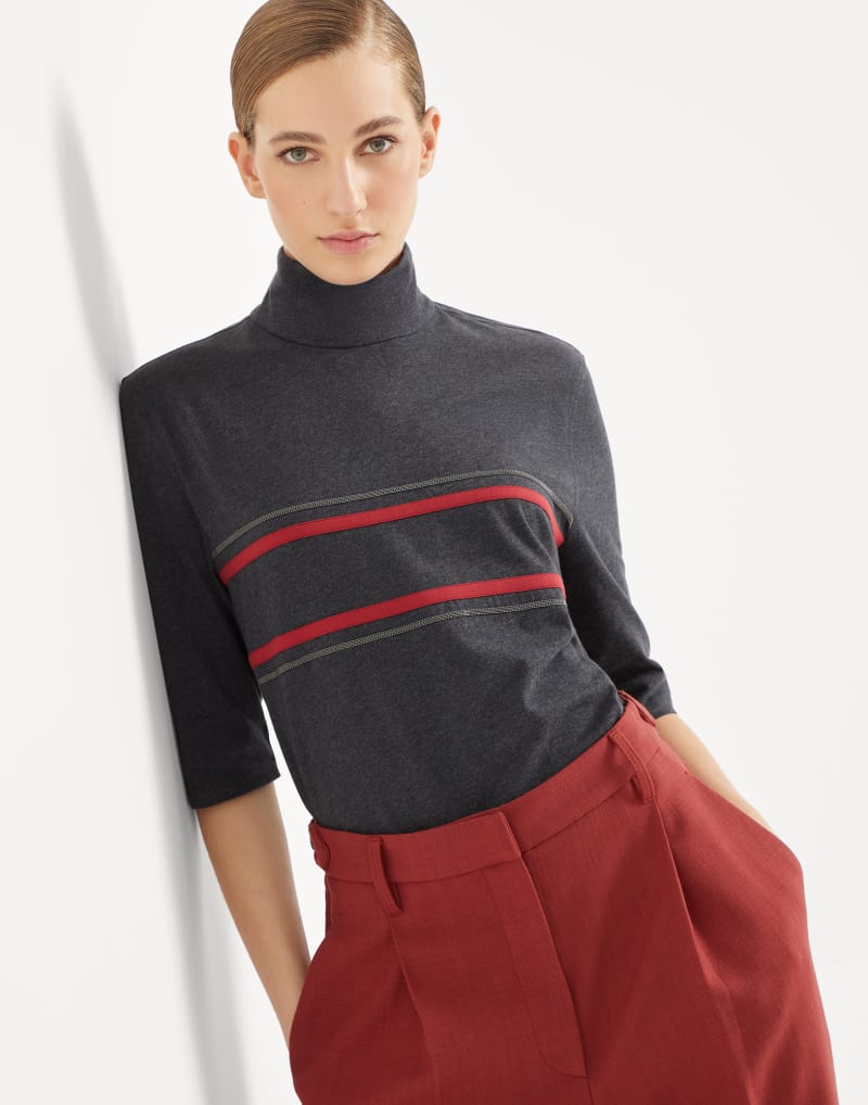 BRUNELLO CUCINELLI WOMEN'S CHARCOAL STRIPED MOCK NECK SHIRT