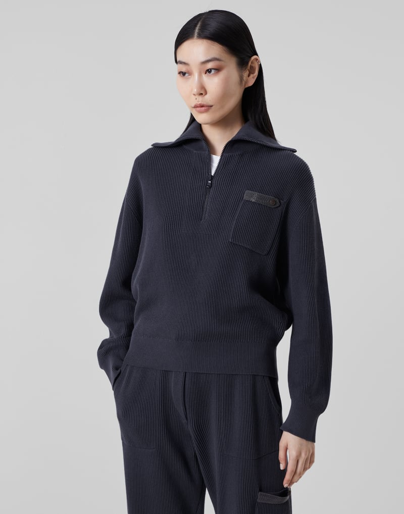 BRUNELLO CUCINELLI WOMEN'S NIGHT SKY HALF ZIP RIBBED COTTON SWEATER