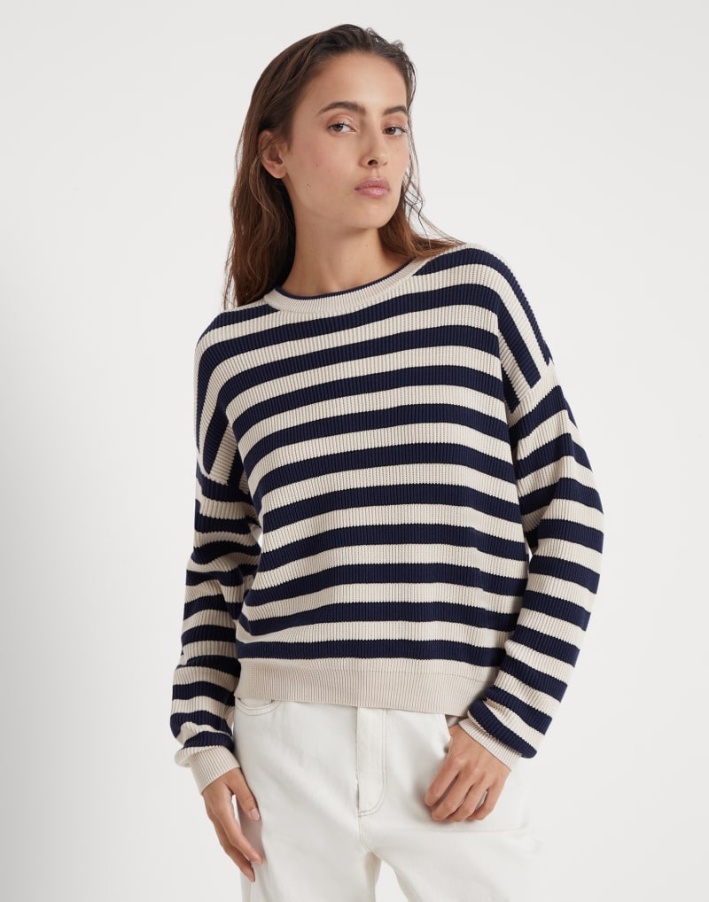 BRUNELLO CUCINELLI WOMEN'S NAVY STRIPED COTTON SWEATER