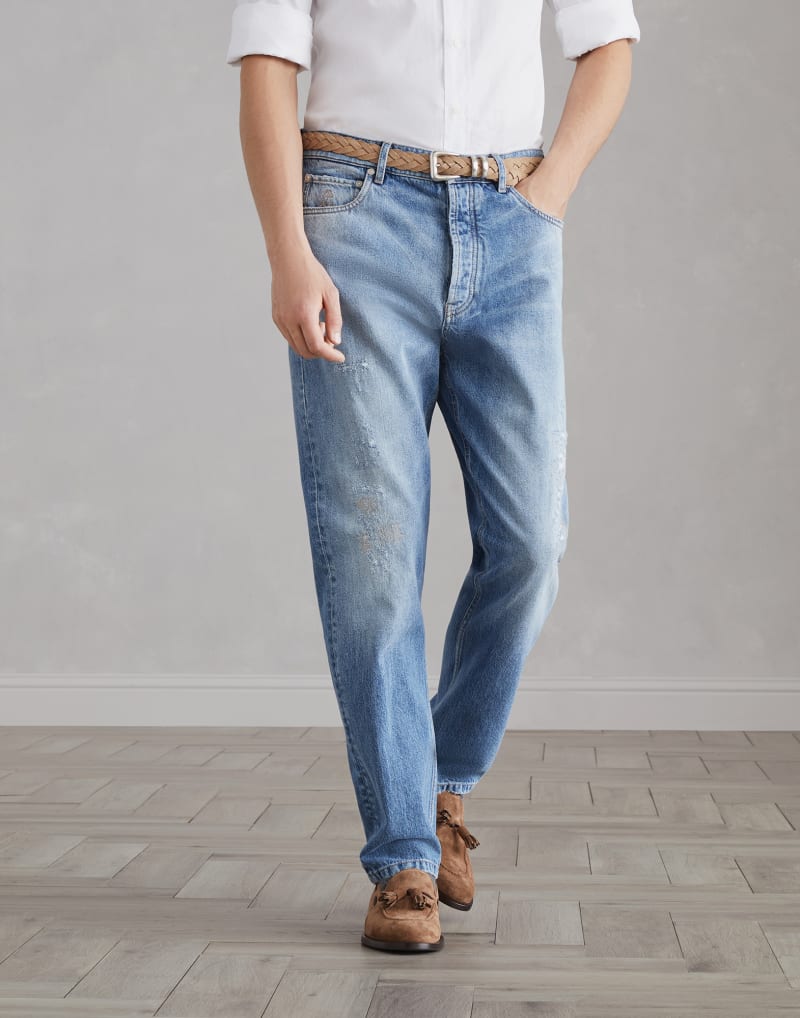 BRUNELLO CUCINELLI MEN'S DISTRESSED DENIM COTTON CASUAL TROUSERS