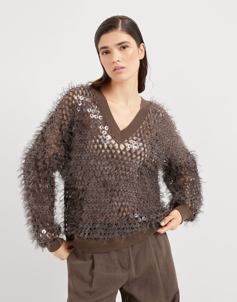 BRUNELLO CUCINELLI WOMEN'S BROWN OPENWORK KNIT SWEATER