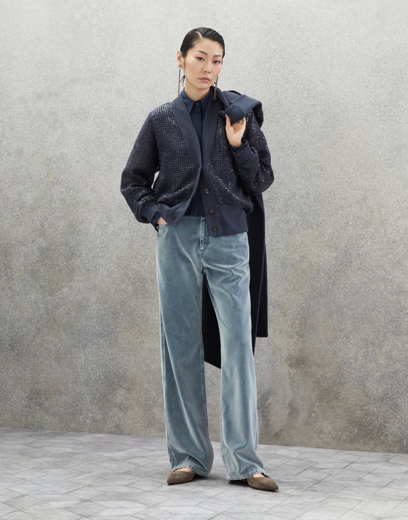 BRUNELLO CUCINELLI WOMEN'S VELVET DENIM WIDE LEG COTTON TROUSERS