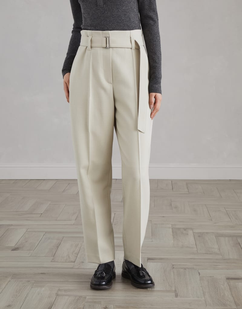BRUNELLO CUCINELLI WOMEN'S LIGHT BEIGE WOOL BELTED TROUSERS