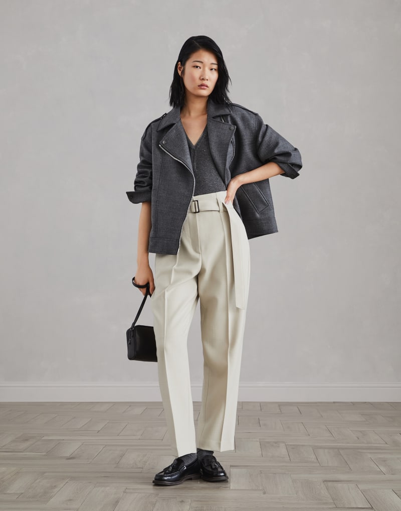 BRUNELLO CUCINELLI WOMEN'S LIGHT BEIGE WOOL BELTED TROUSERS