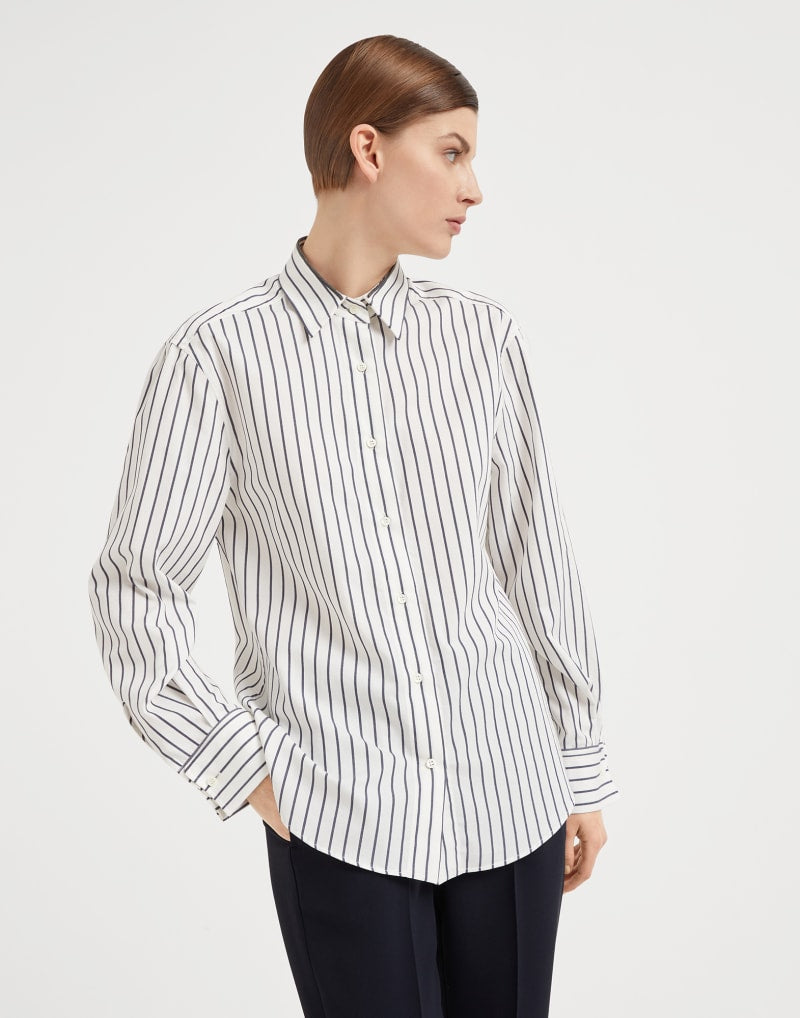 BRUNELLO CUCINELLI WOMEN'S PANAMA BLUE STRIPED COTTON SHIRT