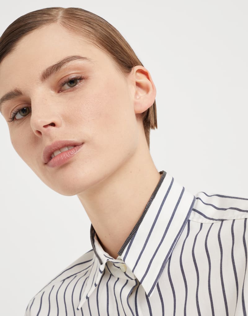 BRUNELLO CUCINELLI WOMEN'S PANAMA BLUE STRIPED COTTON SHIRT