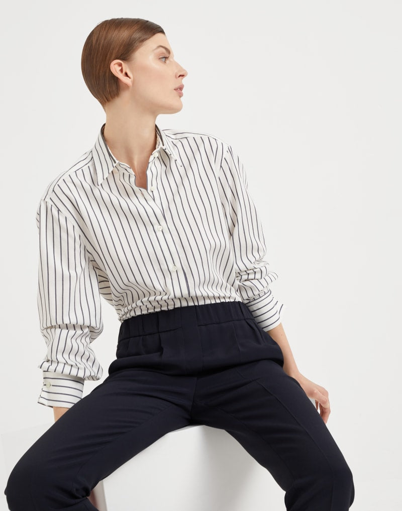 BRUNELLO CUCINELLI WOMEN'S PANAMA BLUE STRIPED COTTON SHIRT