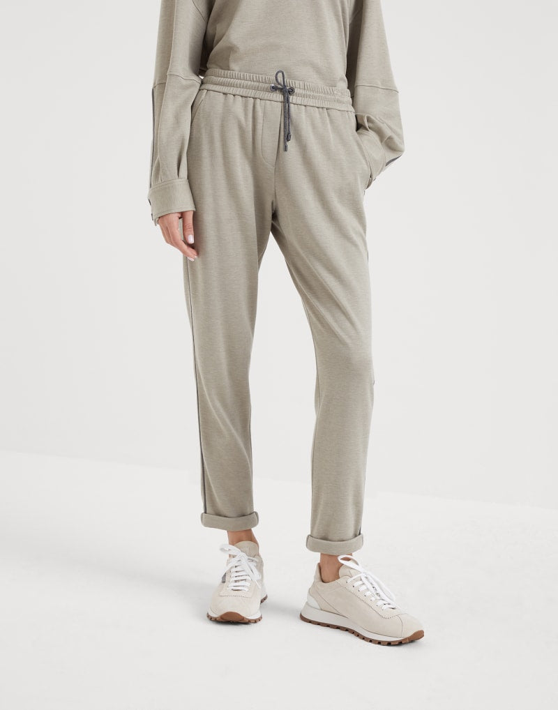 BRUNELLO CUCINELLI WOMEN'S LIGHT BEIGE COTTON BLEND TROUSERS