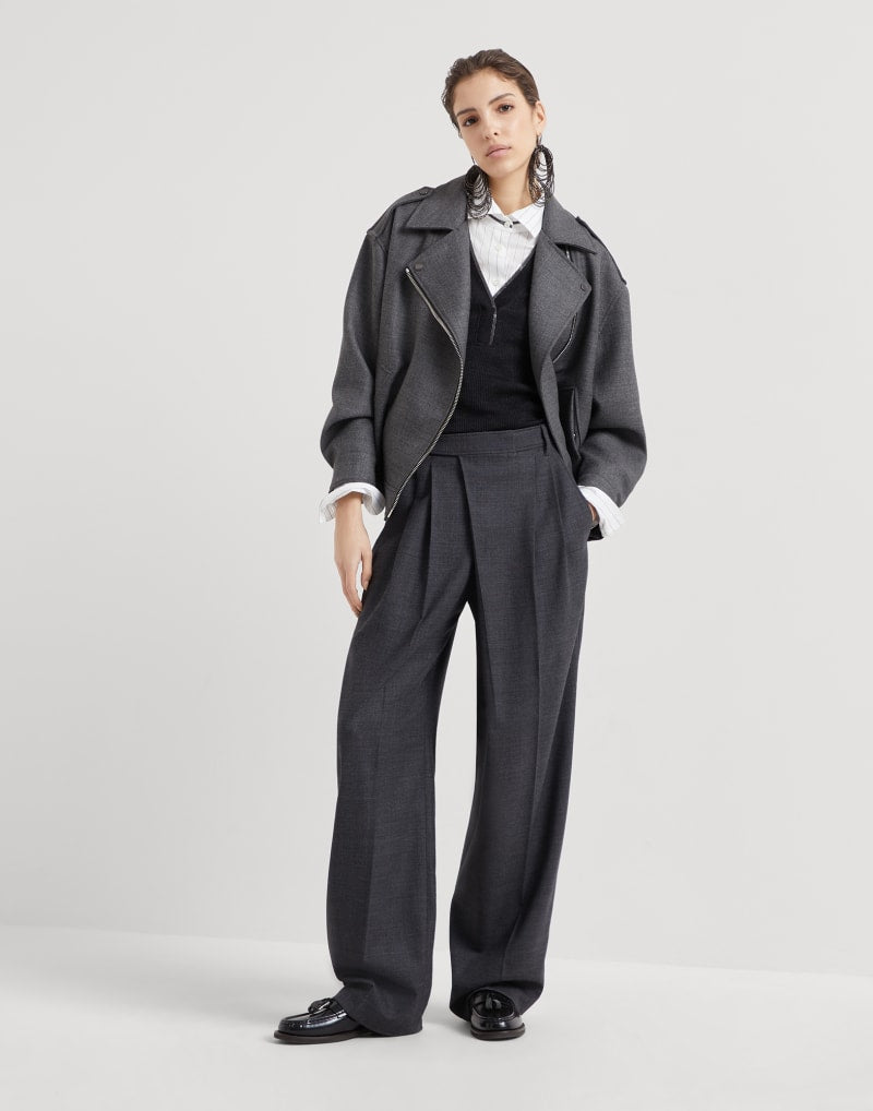 BRUNELLO CUCINELLI WOMEN'S DARK GREY WOOL WIDE LEG TROUSERS