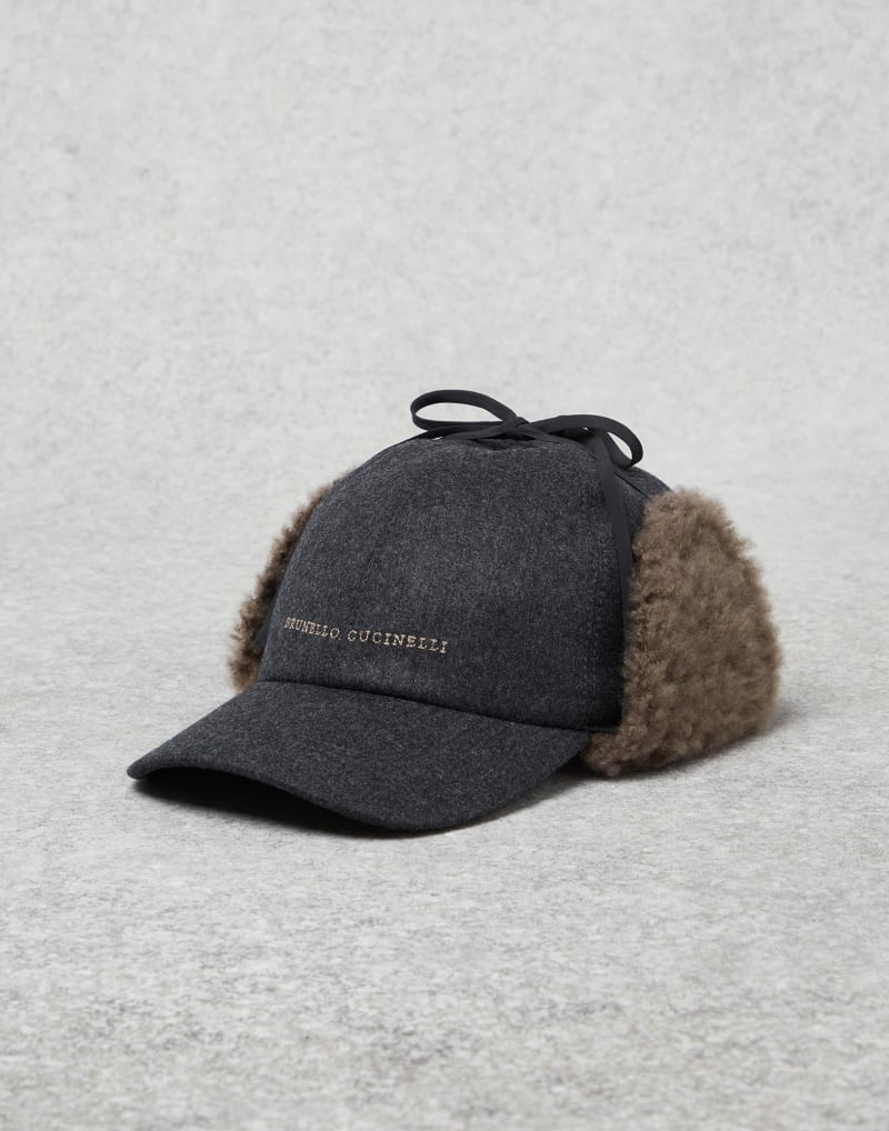 BRUNELLO CUCINELLI WOMEN'S CHARCOAL WOOL HAT WITH SHEARLING EAR FLAPS
