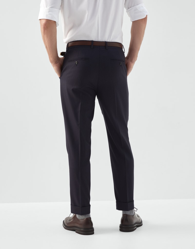 BRUNELLO CUCINELLI MEN'S NAVY WOOL PINSTRIPE TROUSERS