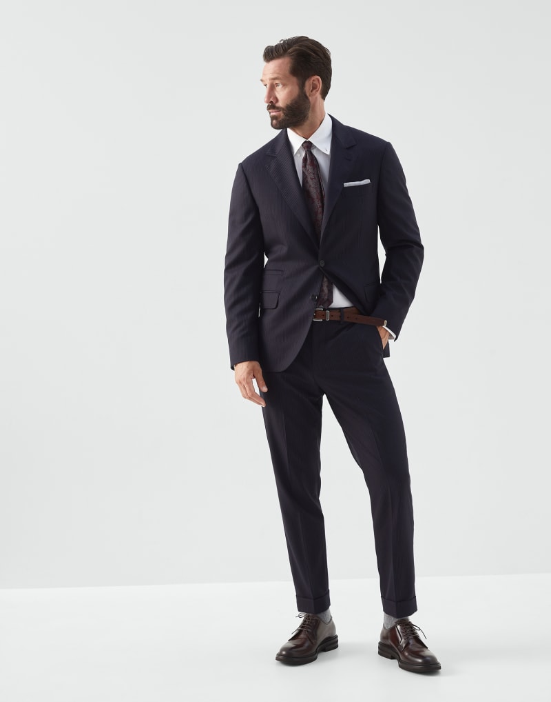 BRUNELLO CUCINELLI MEN'S NAVY WOOL PINSTRIPE TROUSERS