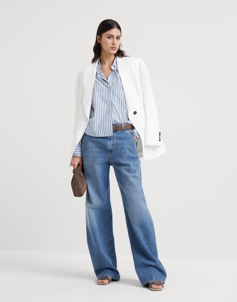 BRUNELLO CUCINELLI WOMEN'S BLUE STRIPED COTTON SILK SHIRT