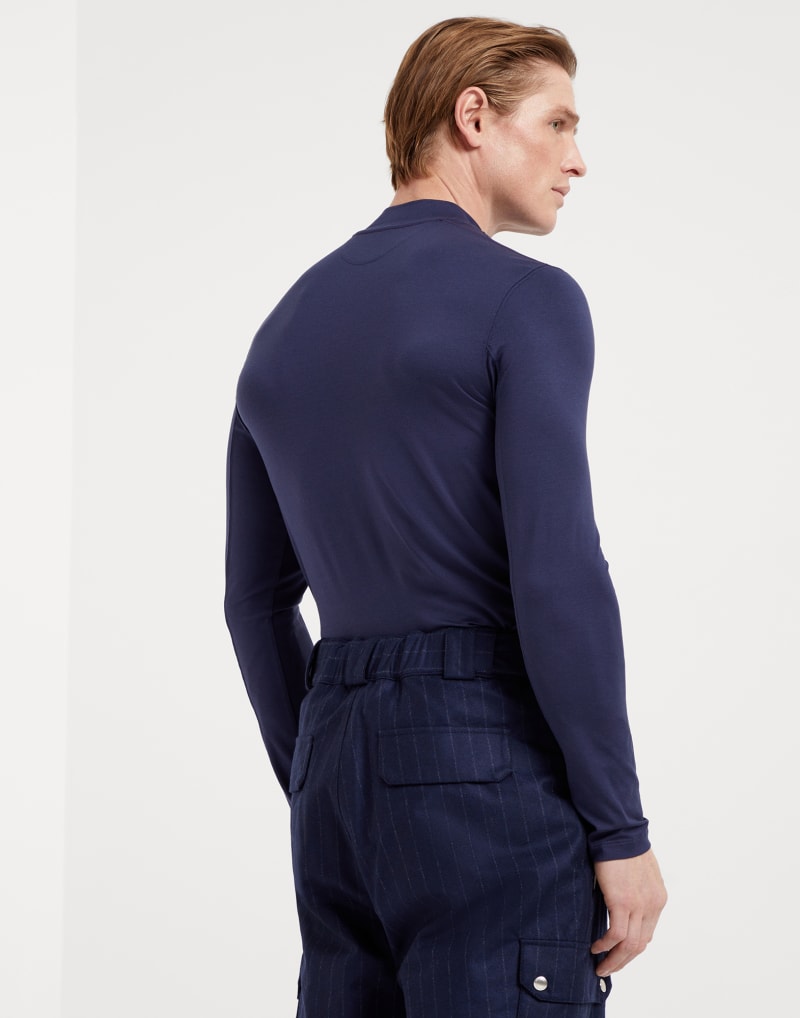 BRUNELLO CUCINELLI MEN'S NAVY SILK BLEND MOCK NECK SHIRT