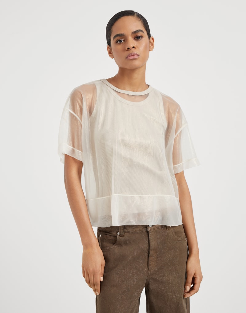 BRUNELLO CUCINELLI WOMEN'S BEIGE SHEER OVERLAY SHORT SLEEVE SHIRT