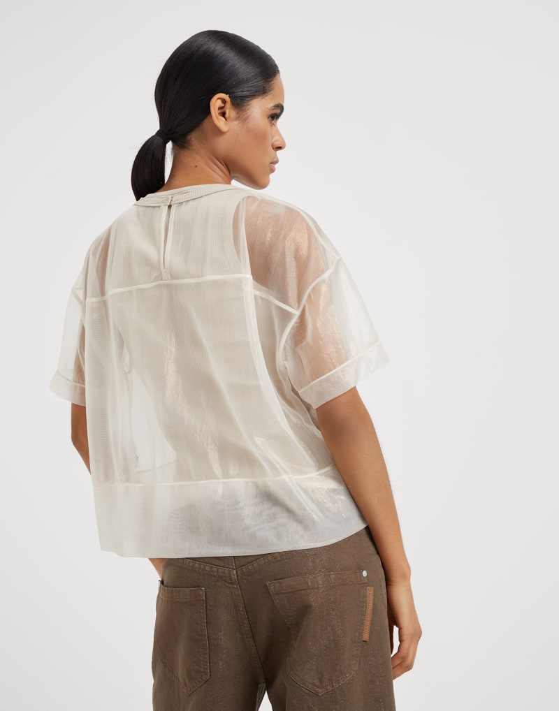 BRUNELLO CUCINELLI WOMEN'S BEIGE SHEER OVERLAY SHORT SLEEVE SHIRT