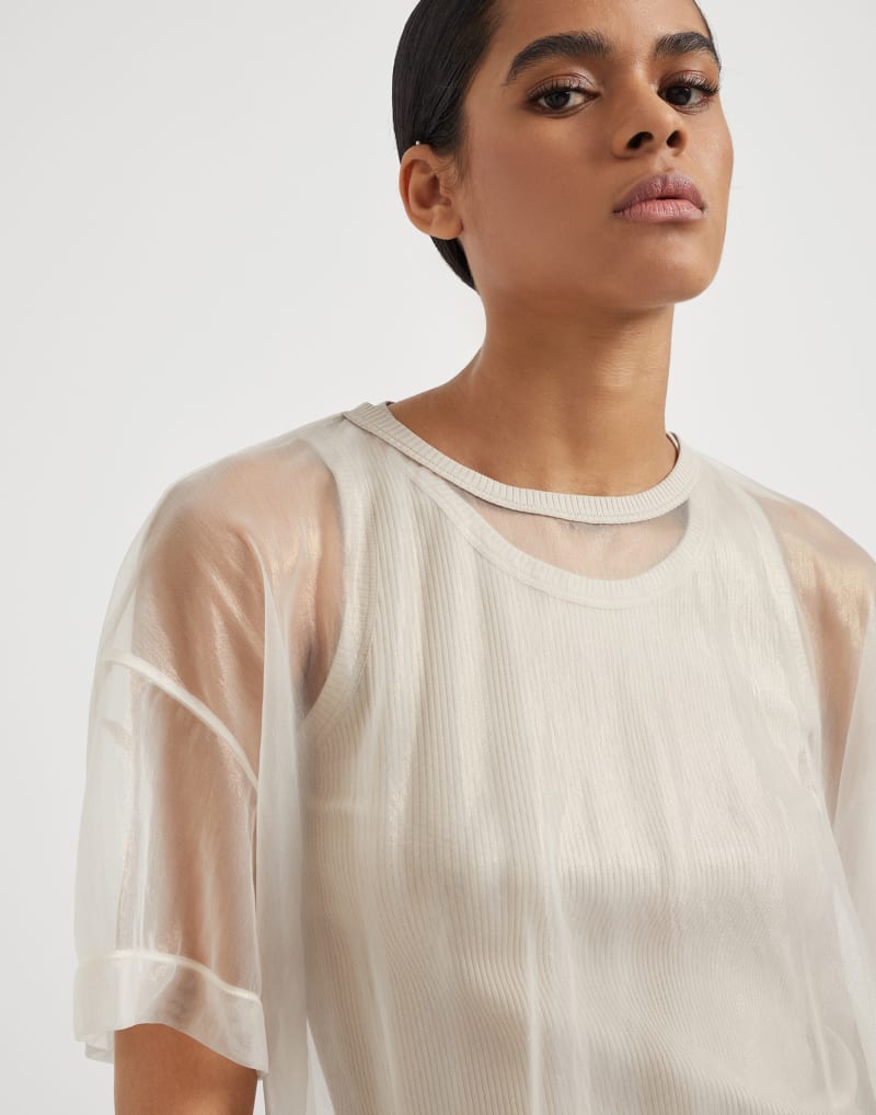 BRUNELLO CUCINELLI WOMEN'S BEIGE SHEER OVERLAY SHORT SLEEVE SHIRT