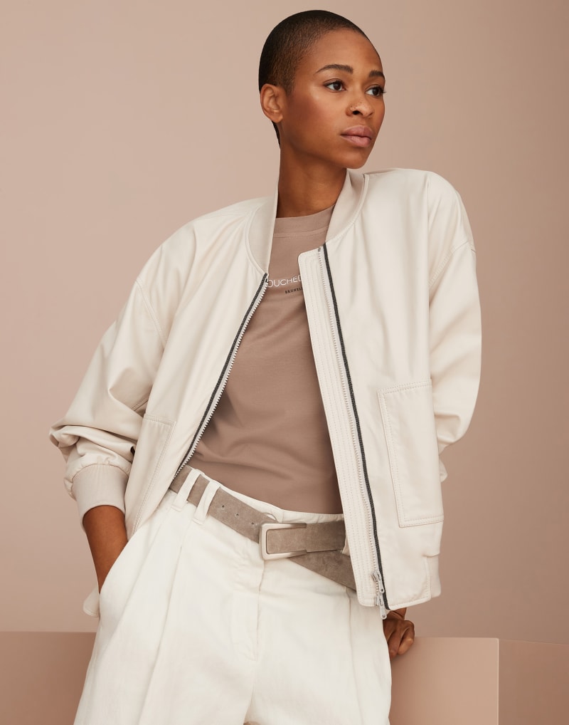 BRUNELLO CUCINELLI WOMEN'S OFF WHITE LEATHER BOMBER JACKET