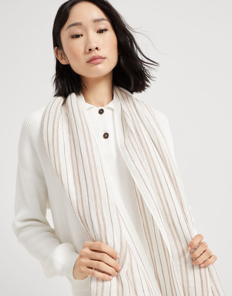 BRUNELLO CUCINELLI WOMEN'S BEIGE STRIPED LINEN SCARF