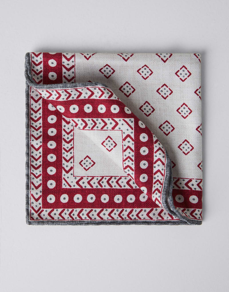 BRUNELLO CUCINELLI MEN'S CHAMPAGNE RED GRAY SILK POCKET SQUARE