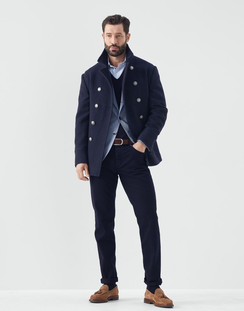 BRUNELLO CUCINELLI MEN'S DENIM WOOL DOUBLE BREASTED JACKET