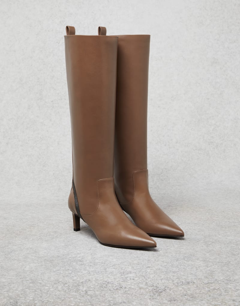 BRUNELLO CUCINELLI WOMEN'S TAWNY LEATHER POINTED TOE KNEE HIGH BOOTS