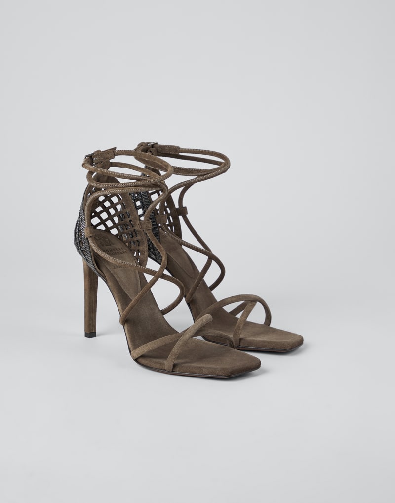 BRUNELLO CUCINELLI WOMEN'S PEAT LEATHER STRAPPY HIGH HEEL SANDALS