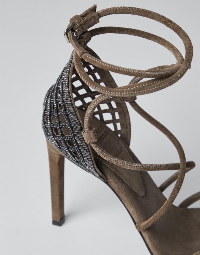 BRUNELLO CUCINELLI WOMEN'S PEAT LEATHER STRAPPY HIGH HEEL SANDALS