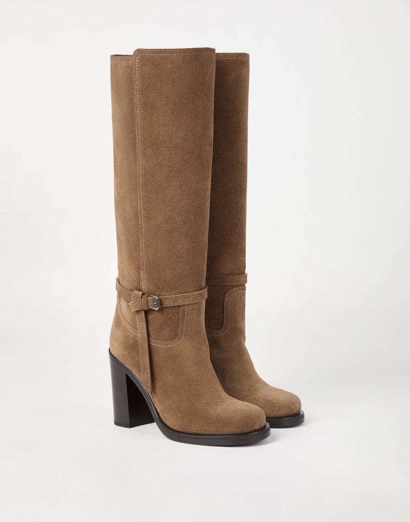 BRUNELLO CUCINELLI WOMEN'S CAMEL SUEDE KNEE HIGH BOOTS