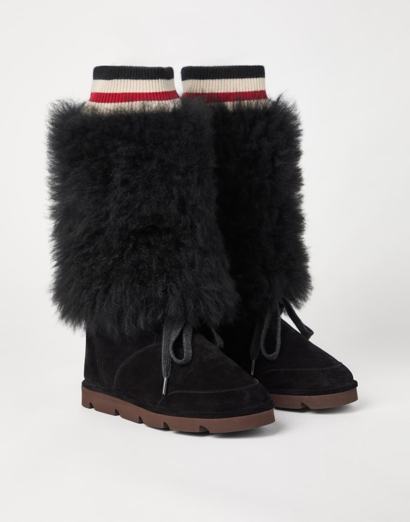 BRUNELLO CUCINELLI WOMEN'S BLACK SHEARLING CUFF SUEDE LACE UP BOOTS
