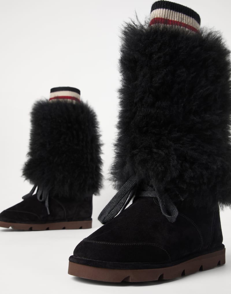 BRUNELLO CUCINELLI WOMEN'S BLACK SHEARLING CUFF SUEDE LACE UP BOOTS