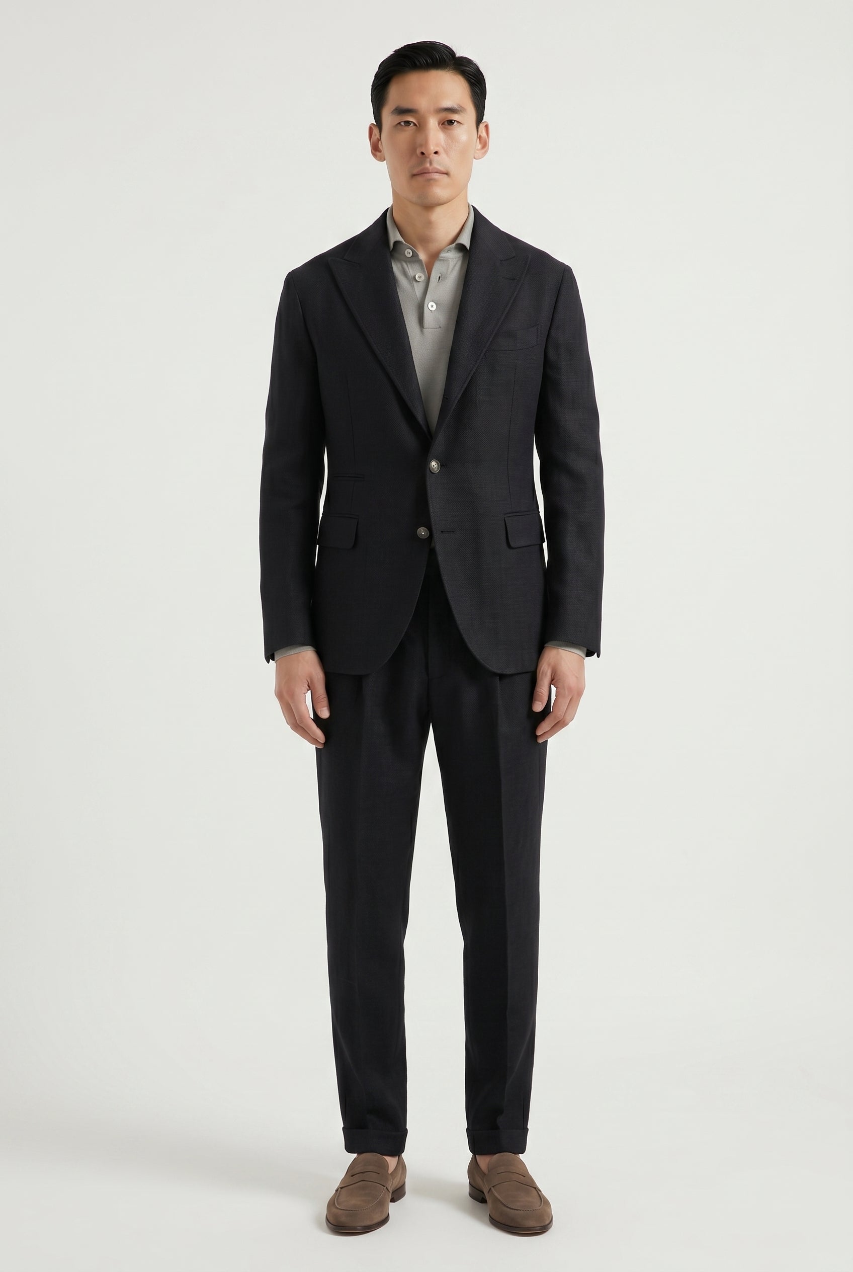 BRUNELLO CUCINELLI MEN'S BLACK WOOL LINEN SUIT