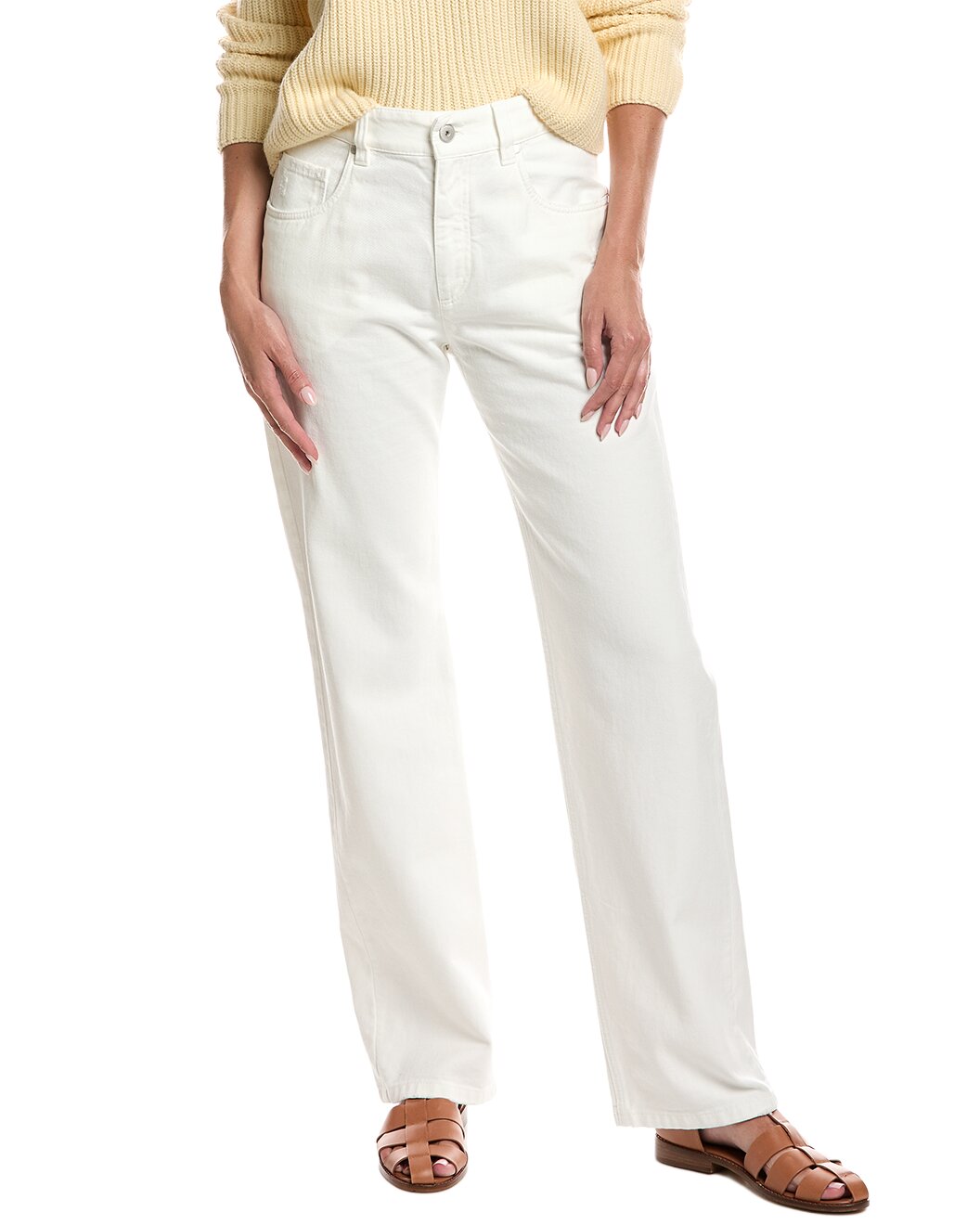 BRUNELLO CUCINELLI WOMEN'S OFF WHITE STRAIGHT COTTON TROUSERS