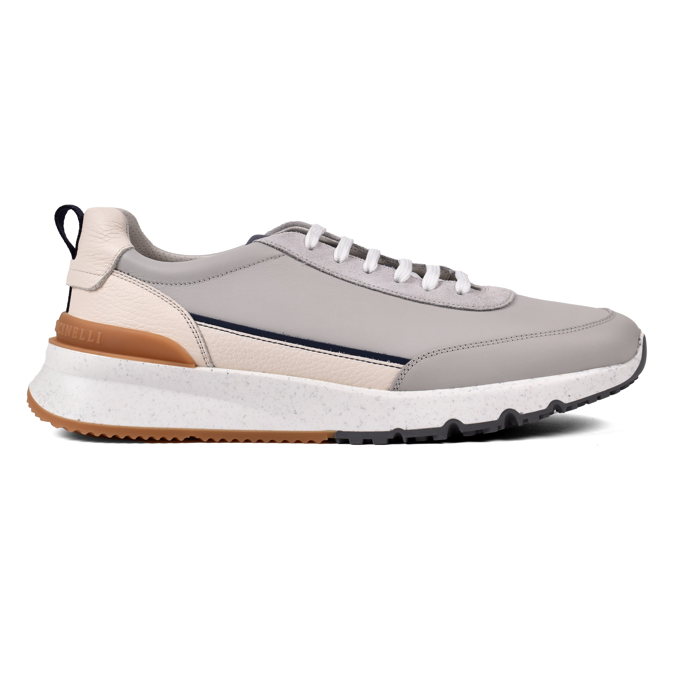 BRUNELLO CUCINELLI MEN'S LIGHT GREY LEATHER SNEAKERS