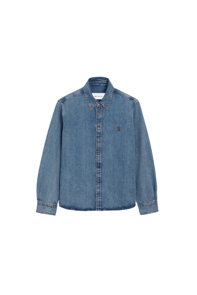 Ami Paris Button Down Shirt In Used Indigo Light Denim Blue