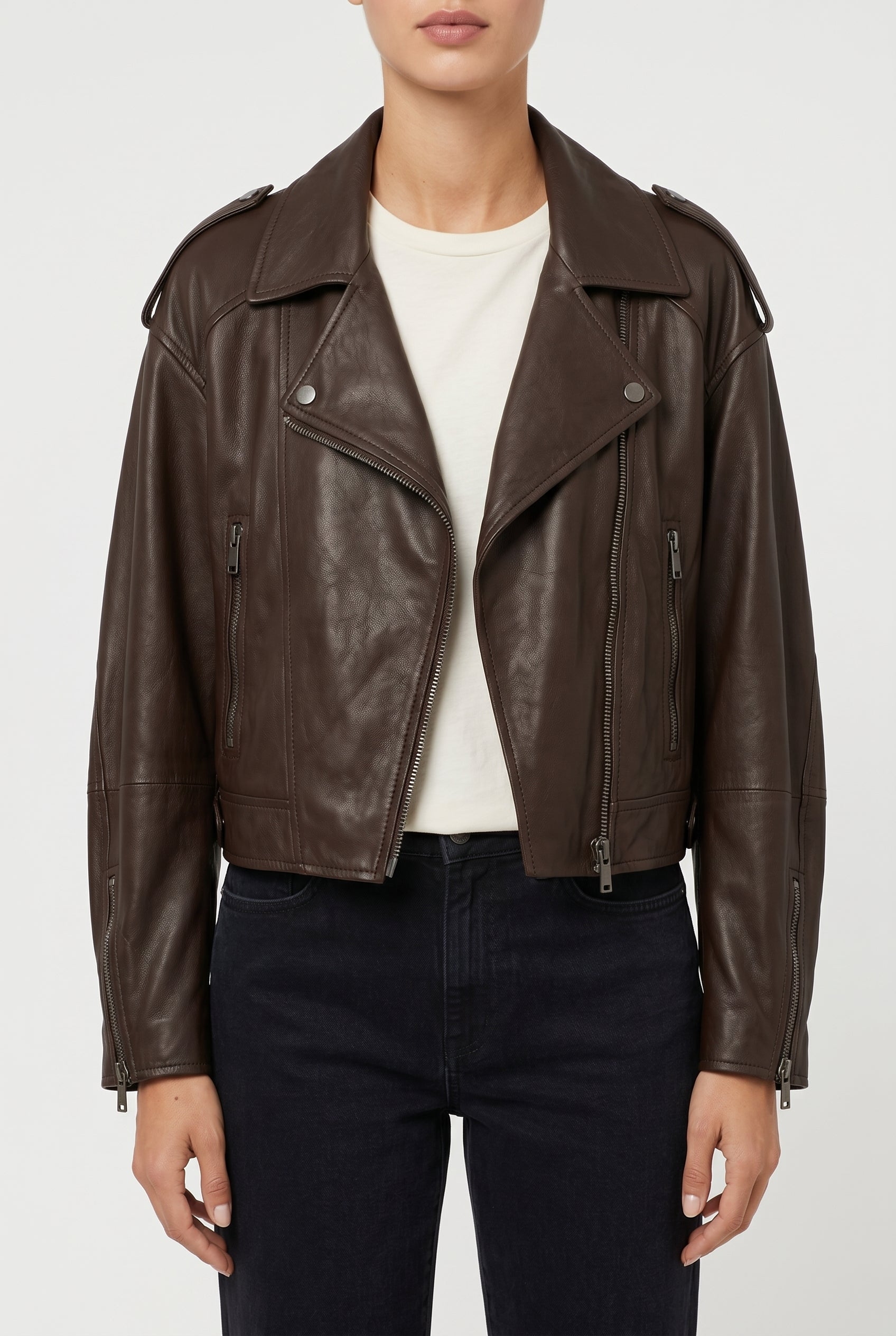 BRUNELLO CUCINELLI WOMEN'S DARK BROWN LEATHER JACKET