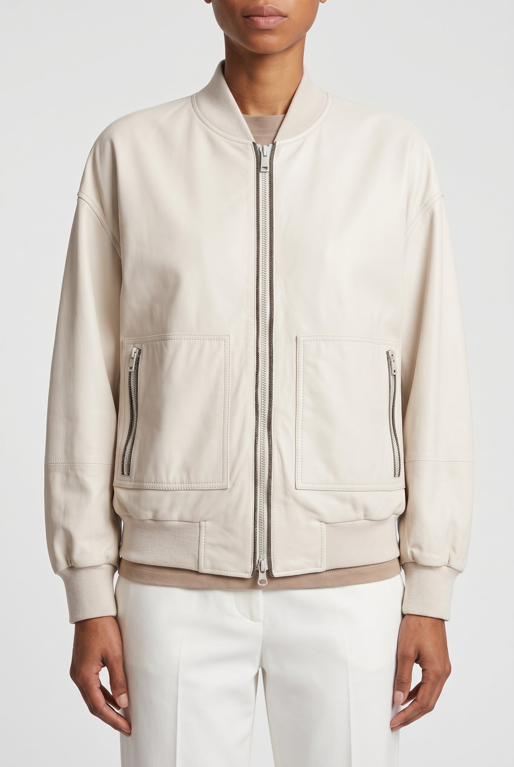 BRUNELLO CUCINELLI WOMEN'S OFF WHITE LEATHER BOMBER JACKET