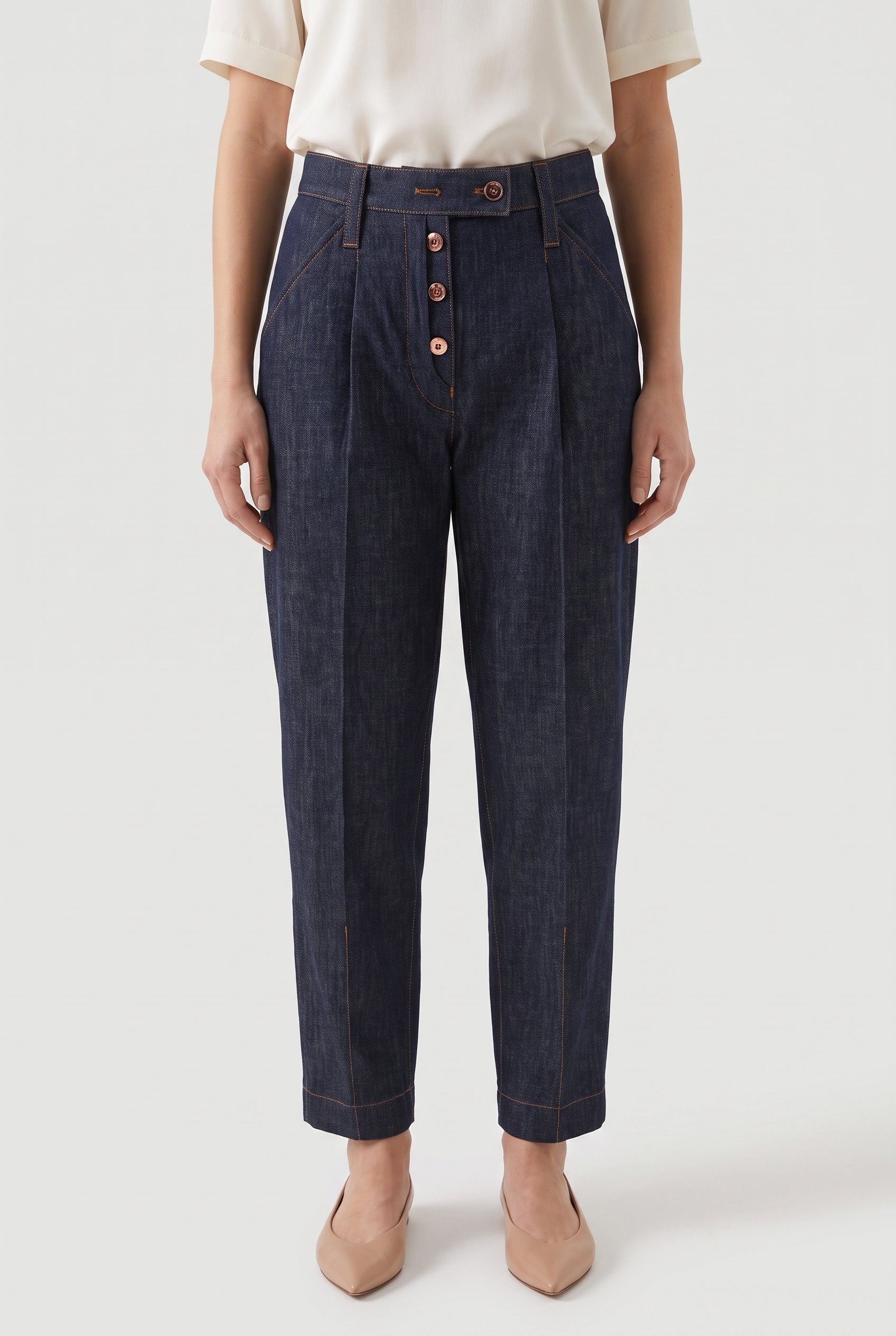 BRUNELLO CUCINELLI WOMEN'S DARK BLUE TAPERED TROUSERS