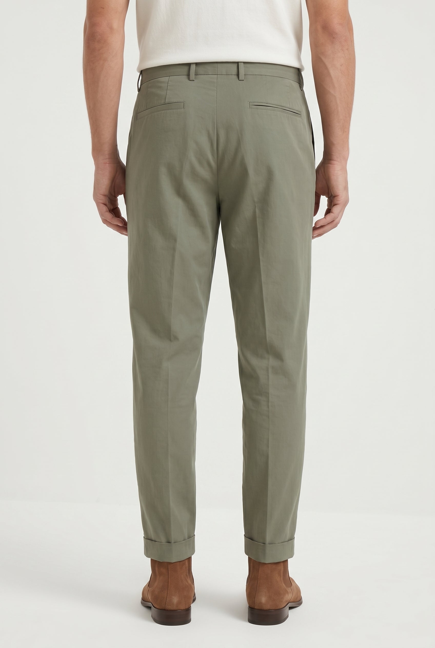 BRUNELLO CUCINELLI MEN'S OLIVE PLEATED COTTON TROUSERS