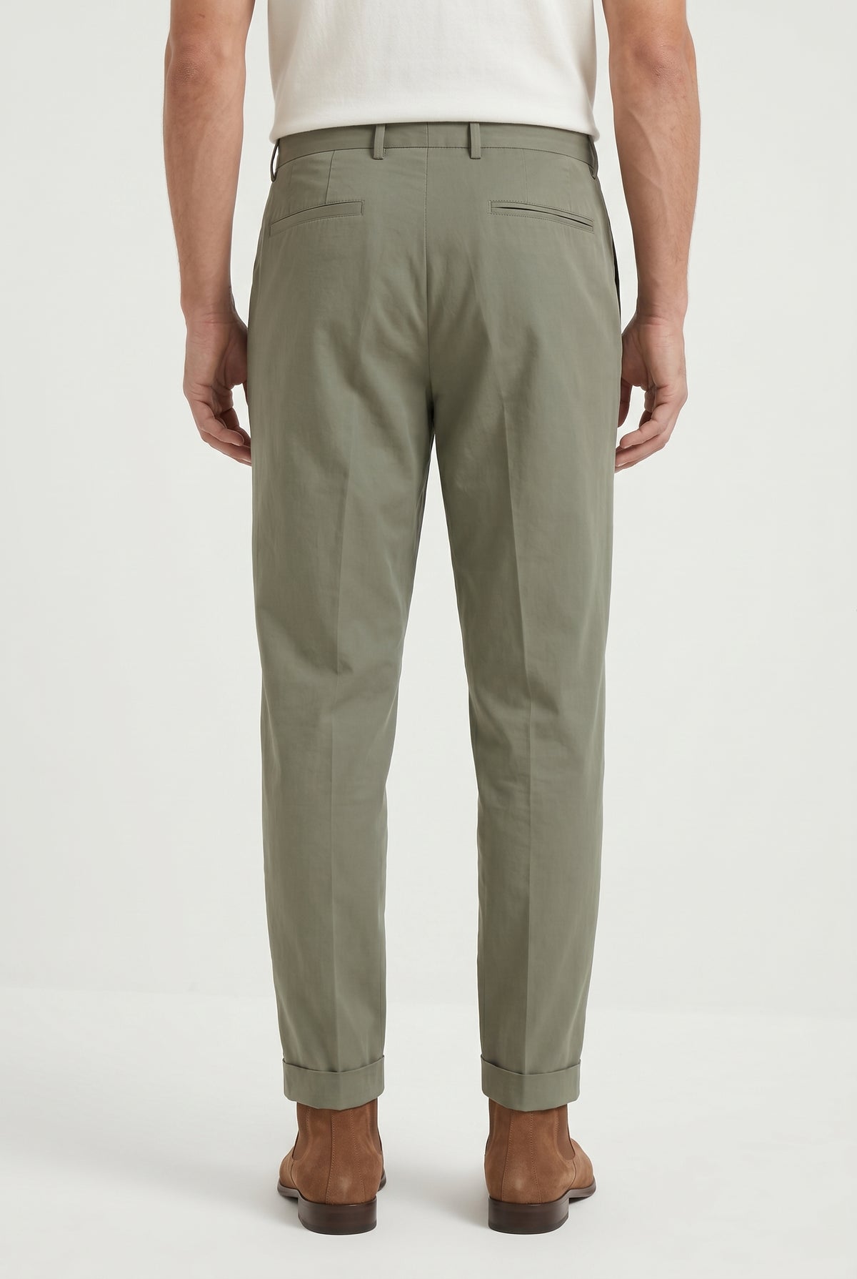 BRUNELLO CUCINELLI MEN'S OLIVE PLEATED COTTON TROUSERS