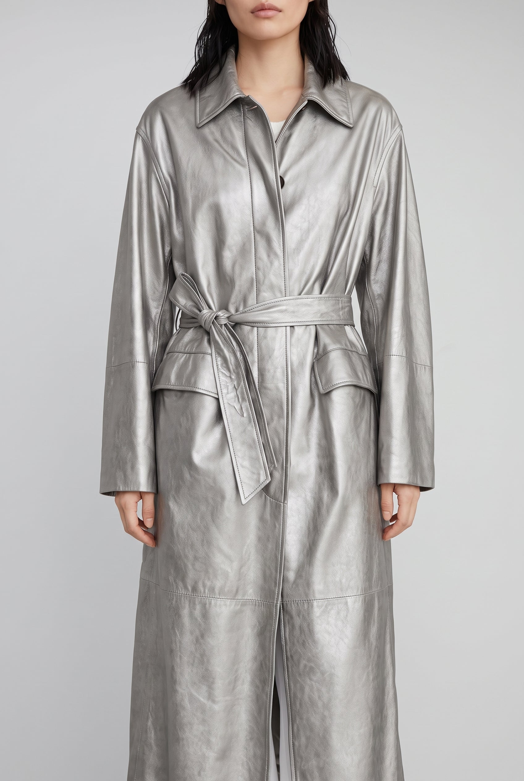 BRUNELLO CUCINELLI WOMEN'S SILVER BELTED LEATHER JACKET