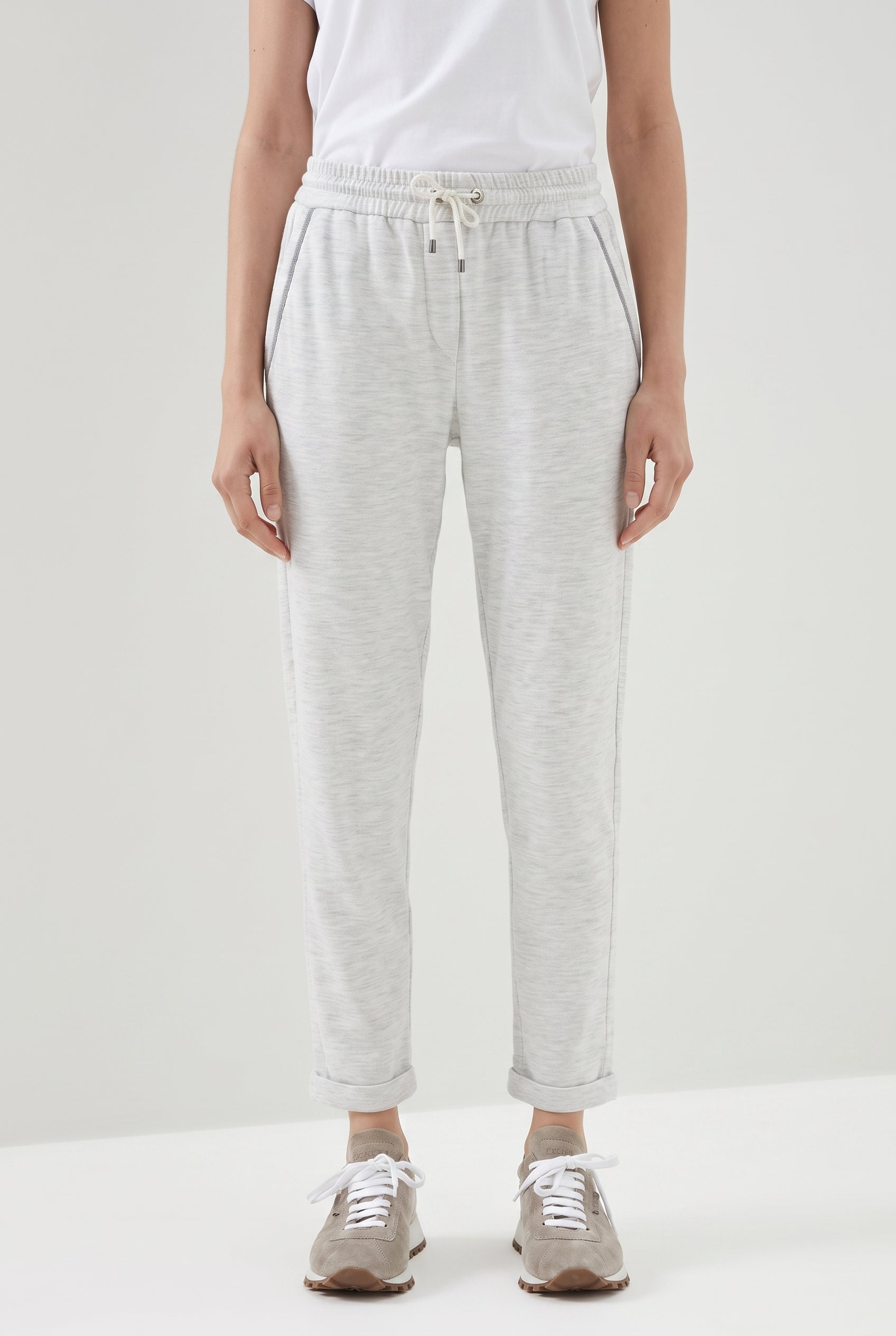 BRUNELLO CUCINELLI WOMEN'S LIGHT GREY COTTON BLEND TROUSERS