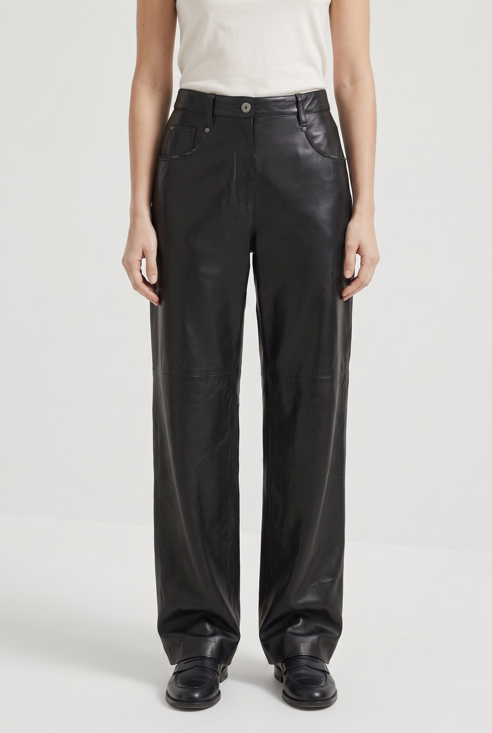 BRUNELLO CUCINELLI WOMEN'S BLACK LEATHER WIDE TROUSERS