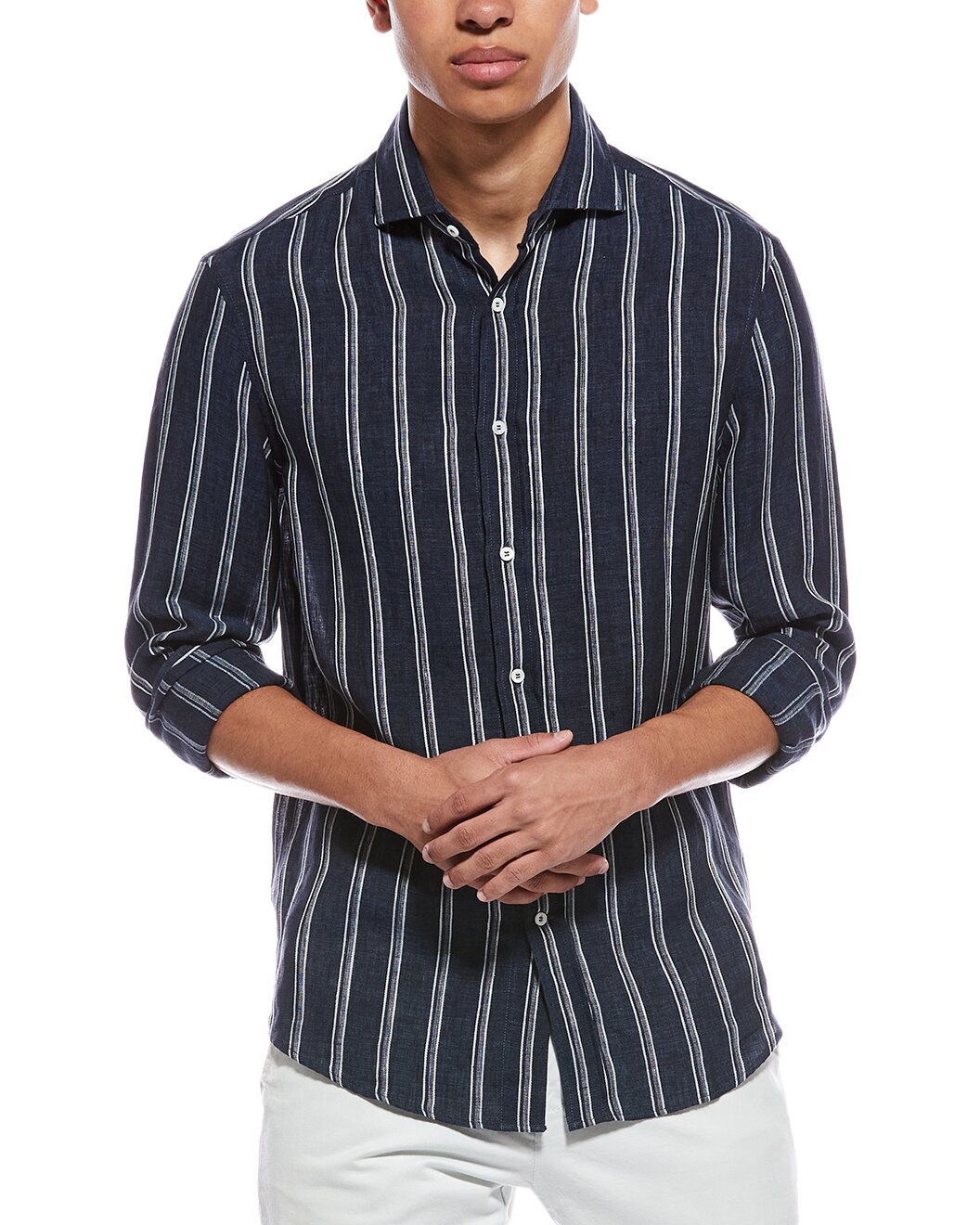 BRUNELLO CUCINELLI MEN'S NAVY STRIPED LINEN SHIRT