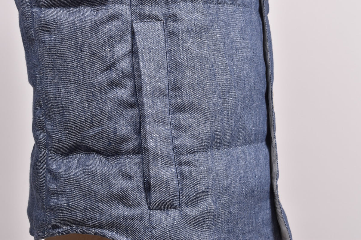 BRUNELLO CUCINELLI MEN'S BLUE LINEN BUTTON DOWN VEST